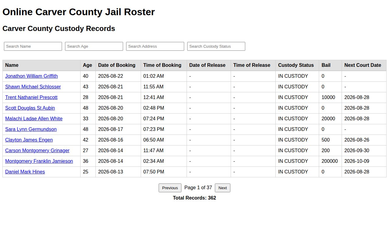 Carver County jail roster booking record interface