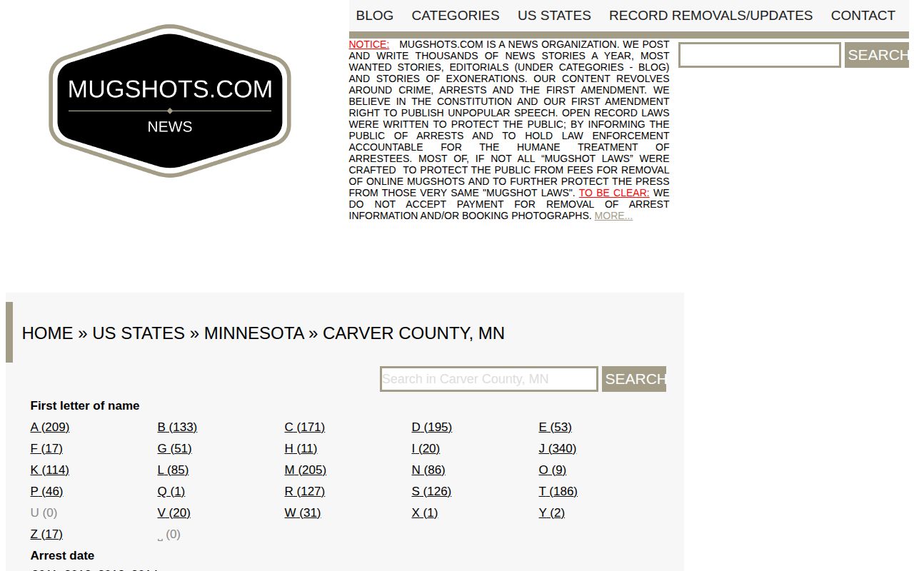 Carver County mugshot record third-party directory interface