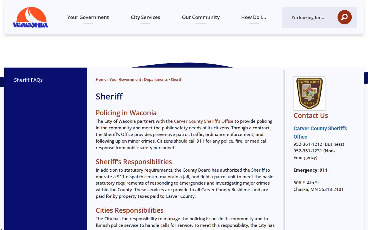 Carver County Waconia Sheriff contract-service record source page